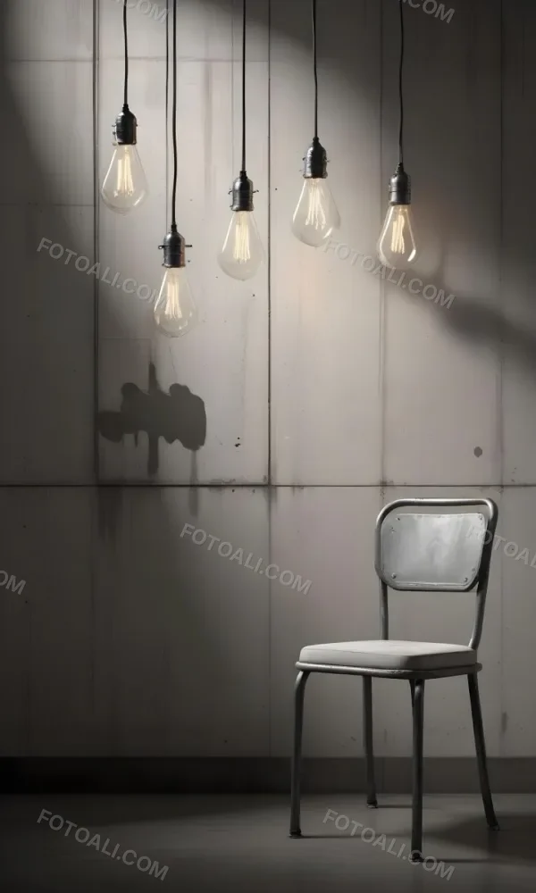 3d Model A Metal Chair In Front Of A Concrete Wall With Two Light Bulbs Hanging From The Ceiling Minimalist Design Industrial Style Figure Octane Render Volumetric Highly Detailed Videogame Aesthetic 53 Edde
