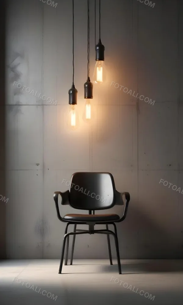 3d Model A Metal Chair In Front Of A Concrete Wall With Two Light Bulbs Hanging From The Ceiling Minimalist Design Industrial Style Figure Octane Render Volumetric Highly Detailed Videogame Aesthetic 54 255b