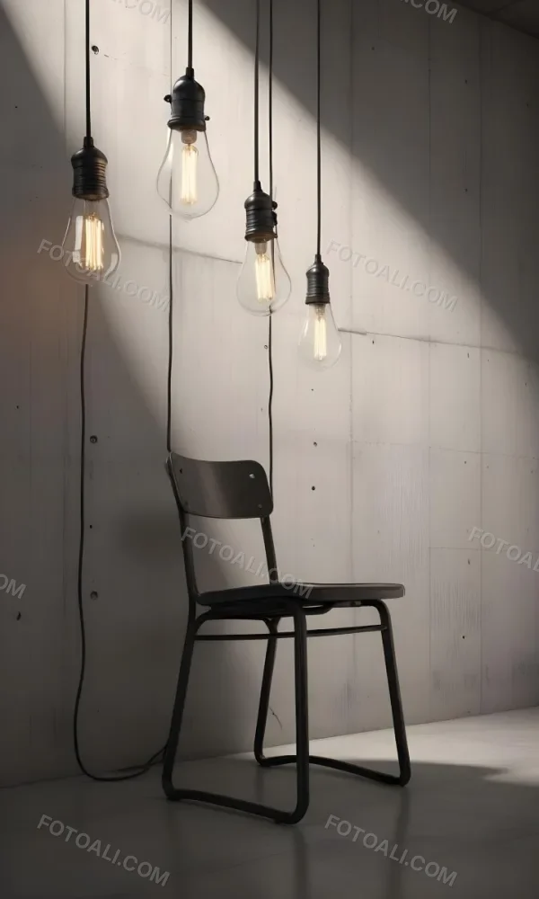 3d Model A Metal Chair In Front Of A Concrete Wall With Two Light Bulbs Hanging From The Ceiling Minimalist Design Industrial Style Figure Octane Render Volumetric Highly Detailed Videogame Aesthetic 56 0715
