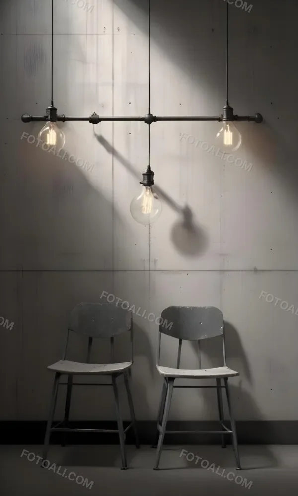 3d Model A Metal Chair In Front Of A Concrete Wall With Two Light Bulbs Hanging From The Ceiling Minimalist Design Industrial Style Figure Octane Render Volumetric Highly Detailed Videogame Aesthetic 58 3161