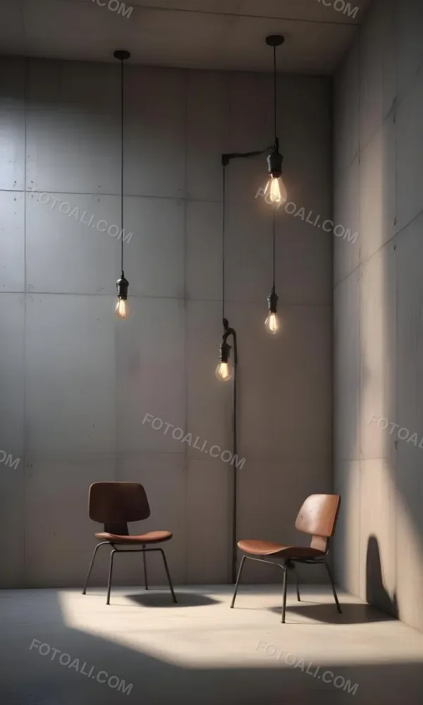 3d Model A Metal Chair In Front Of A Concrete Wall With Two Light Bulbs Hanging From The Ceiling Minimalist Design Industrial Style Figure Octane Render Volumetric Highly Detailed Videogame Aesthetic 6 1282