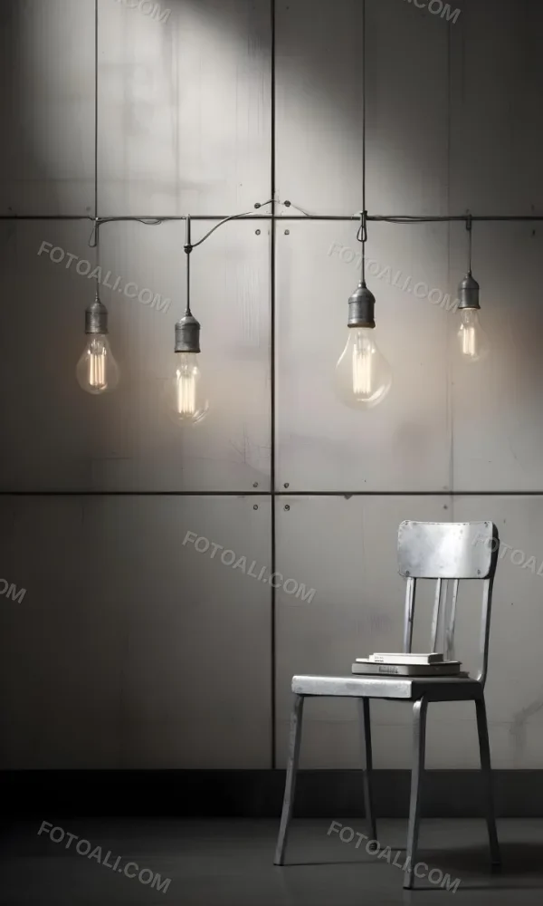 3d Model A Metal Chair In Front Of A Concrete Wall With Two Light Bulbs Hanging From The Ceiling Minimalist Design Industrial Style Figure Octane Render Volumetric Highly Detailed Videogame Aesthetic 7 730b