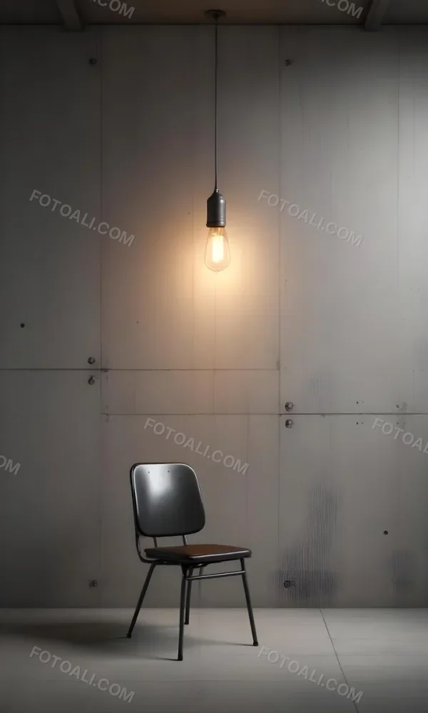 3d Model A Metal Chair In Front Of A Concrete Wall With Two Light Bulbs Hanging From The Ceiling Minimalist Design Industrial Style Figure Octane Render Volumetric Highly Detailed Videogame Aesthetic 8 16de