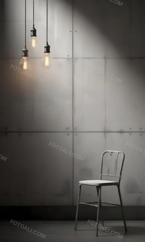 3d Model A Metal Chair In Front Of A Concrete Wall With Two Light Bulbs Hanging From The Ceiling Minimalist Design Industrial Style Figure Octane Render Volumetric Highly Detailed Videogame Aesthetic 9 Ab2b