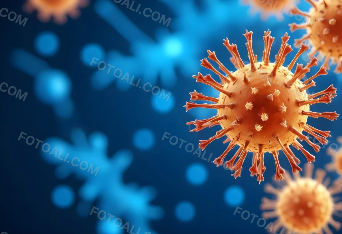 3d Model A Microscopic View Of A Coronavirus Particle Featuring A Spherical Core With Protruding Spikes Set Against A Blurred Blue Background With Bokeh Effects Figure Octane Render Volumetric Highly Detailed Vid 11 C913