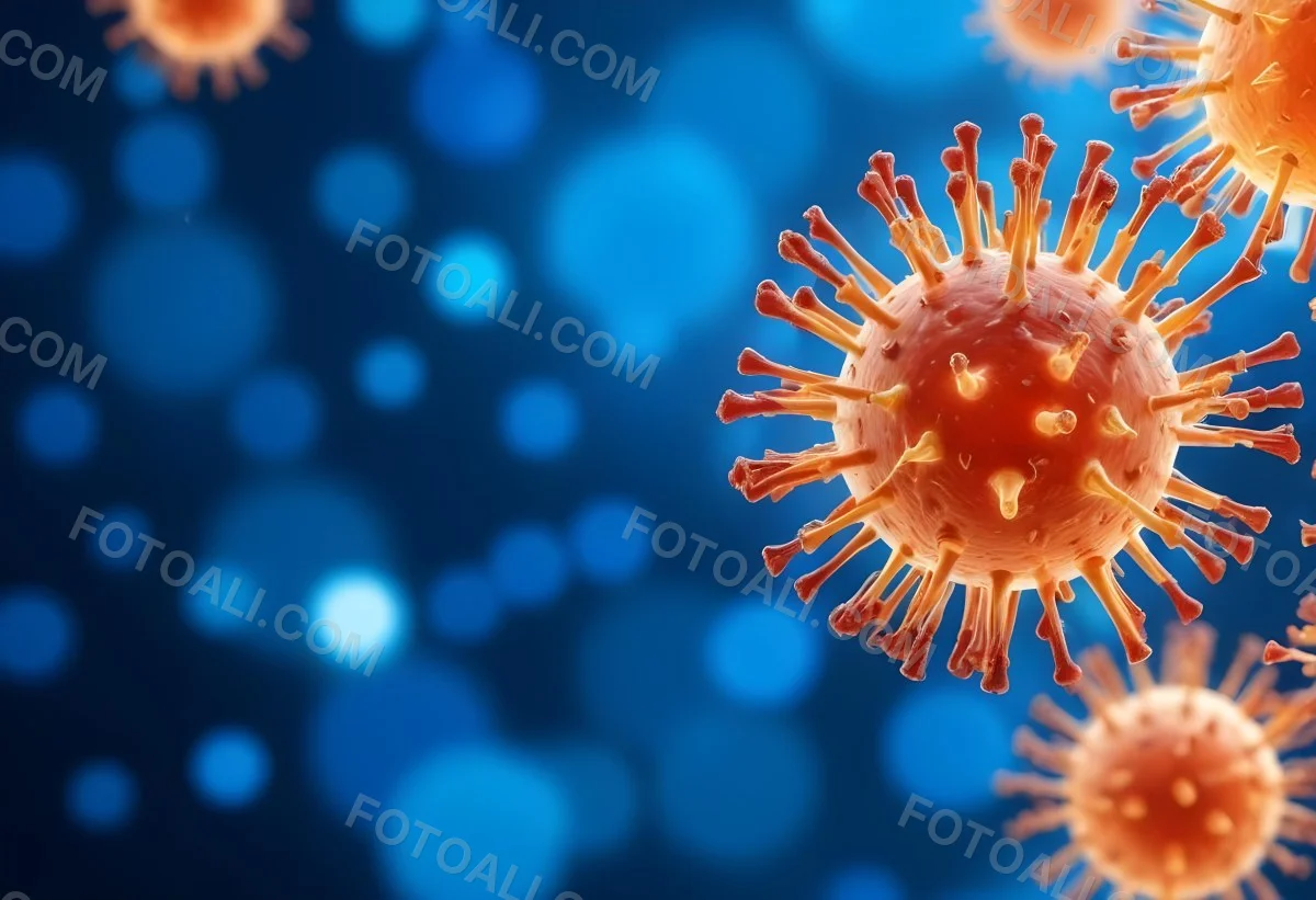 3d Model A Microscopic View Of A Coronavirus Particle Featuring A Spherical Core With Protruding Spikes Set Against A Blurred Blue Background With Bokeh Effects Figure Octane Render Volumetric Highly Detailed Vid 22 681b