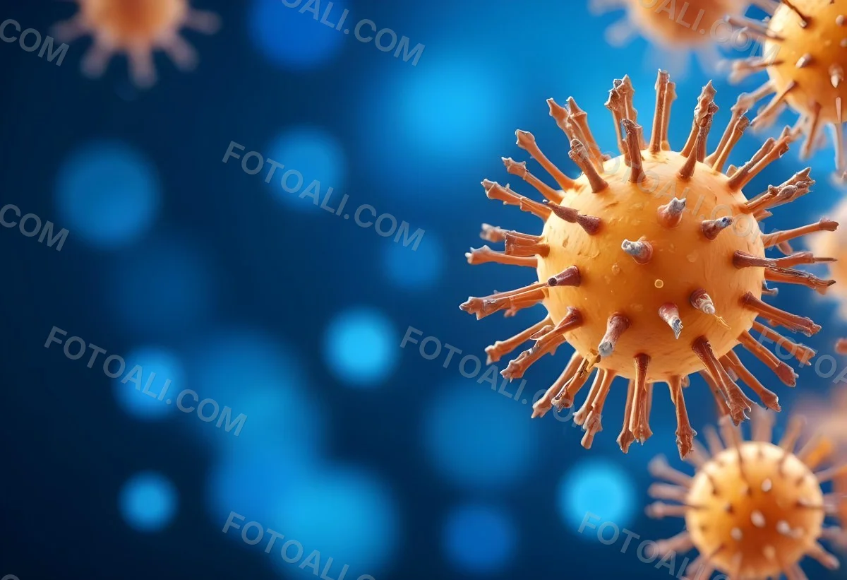 3d Model A Microscopic View Of A Coronavirus Particle Featuring A Spherical Core With Protruding Spikes Set Against A Blurred Blue Background With Bokeh Effects Figure Octane Render Volumetric Highly Detailed Vid 23 418e