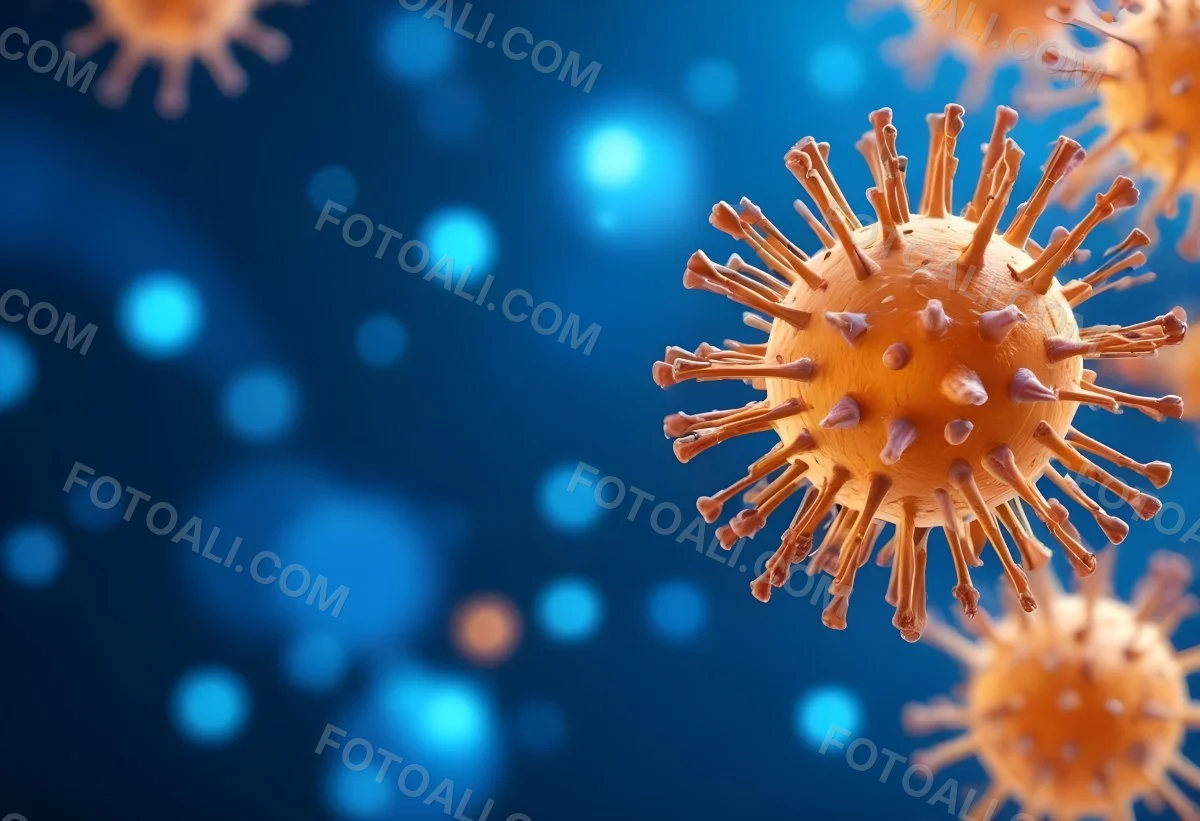 3d Model A Microscopic View Of A Coronavirus Particle Featuring A Spherical Core With Protruding Spikes Set Against A Blurred Blue Background With Bokeh Effects Figure Octane Render Volumetric Highly Detailed Vid 28 7139