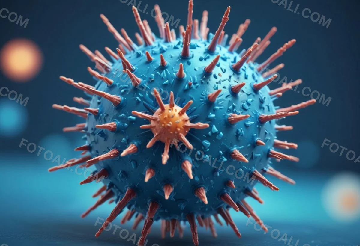 3d Model A Microscopic View Of A Coronavirus Particle Featuring A Spherical Core With Protruding Spikes Set Against A Blurred Blue Background With Bokeh Effects Figure Octane Render Volumetric Highly Detailed Vid 31 Ed49