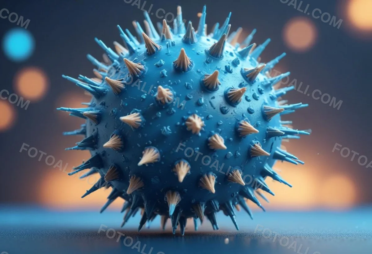 3d Model A Microscopic View Of A Coronavirus Particle Featuring A Spherical Core With Protruding Spikes Set Against A Blurred Blue Background With Bokeh Effects Figure Octane Render Volumetric Highly Detailed Vid 33 E806