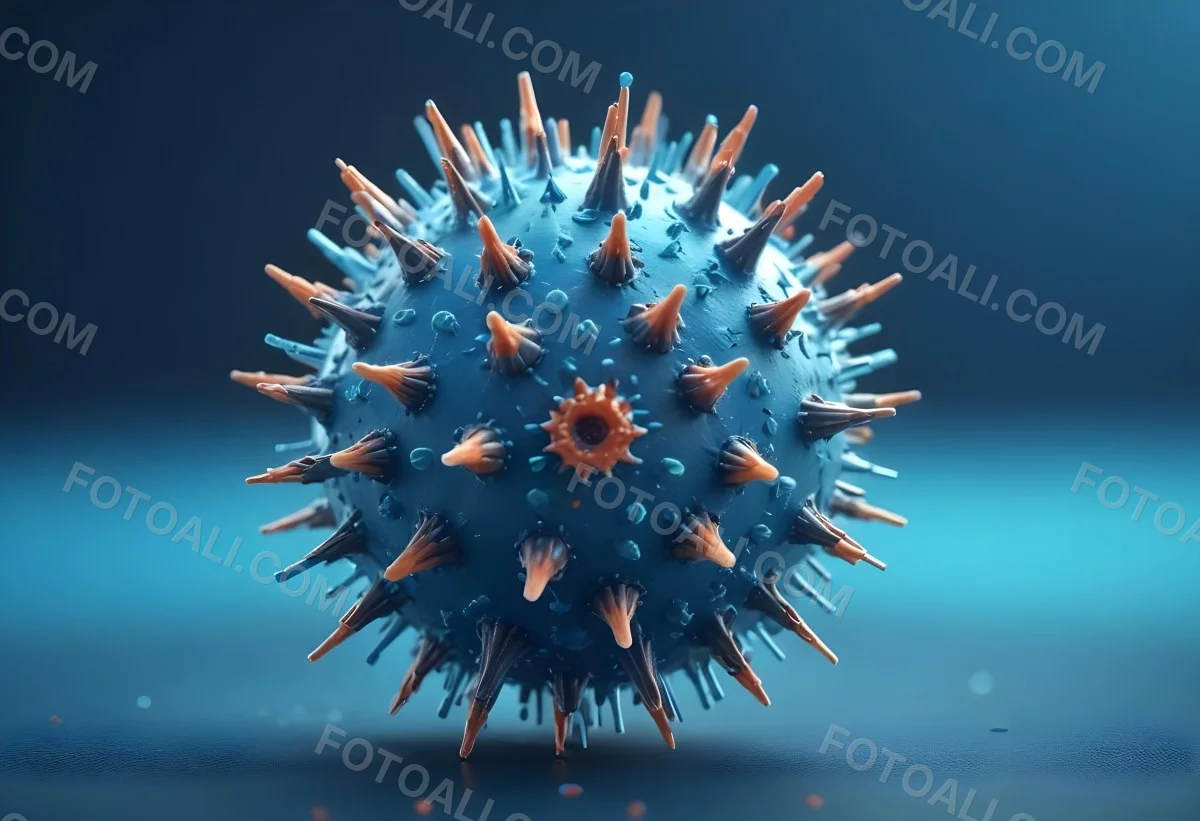 3d Model A Microscopic View Of A Coronavirus Particle Featuring A Spherical Core With Protruding Spikes Set Against A Blurred Blue Background With Bokeh Effects Figure Octane Render Volumetric Highly Detailed Vid 34 358b