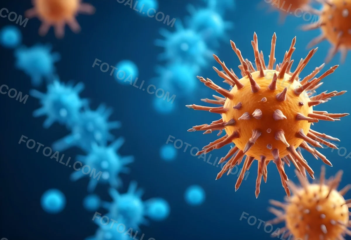 3d Model A Microscopic View Of A Coronavirus Particle Featuring A Spherical Core With Protruding Spikes Set Against A Blurred Blue Background With Bokeh Effects Figure Octane Render Volumetric Highly Detailed Vid 35 394e