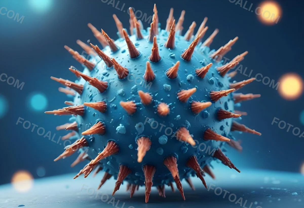 3d Model A Microscopic View Of A Coronavirus Particle Featuring A Spherical Core With Protruding Spikes Set Against A Blurred Blue Background With Bokeh Effects Figure Octane Render Volumetric Highly Detailed Vid 36 0810