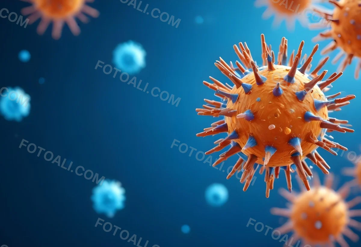 3d Model A Microscopic View Of A Coronavirus Particle Featuring A Spherical Core With Protruding Spikes Set Against A Blurred Blue Background With Bokeh Effects Figure Octane Render Volumetric Highly Detailed Vid 4 2af9
