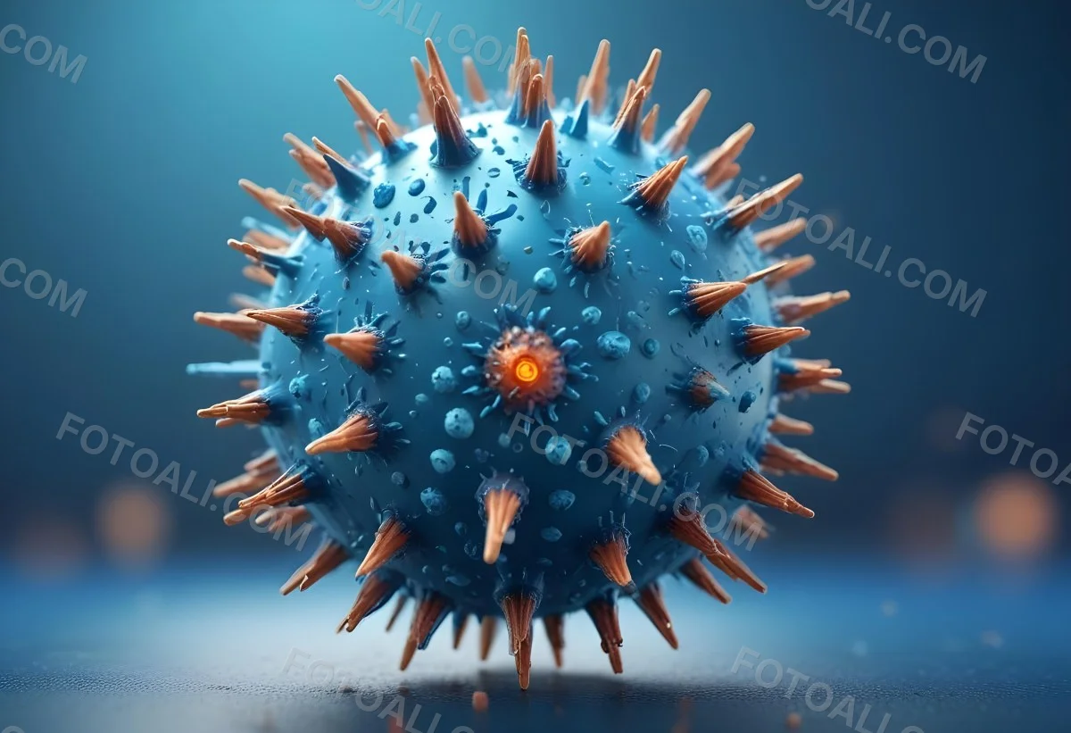 3d Model A Microscopic View Of A Coronavirus Particle Featuring A Spherical Core With Protruding Spikes Set Against A Blurred Blue Background With Bokeh Effects Figure Octane Render Volumetric Highly Detailed Vid 40 5774