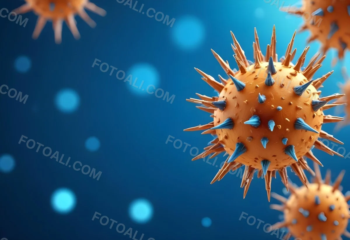 3d Model A Microscopic View Of A Coronavirus Particle Featuring A Spherical Core With Protruding Spikes Set Against A Blurred Blue Background With Bokeh Effects Figure Octane Render Volumetric Highly Detailed Vid 5 E9a6