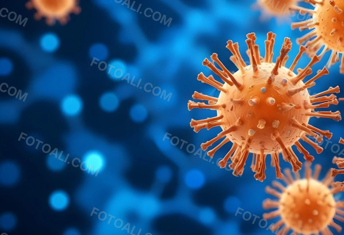 3d Model A Microscopic View Of A Coronavirus Particle Featuring A Spherical Core With Protruding Spikes Set Against A Blurred Blue Background With Bokeh Effects Figure Octane Render Volumetric Highly Detailed Vid 6 9eca