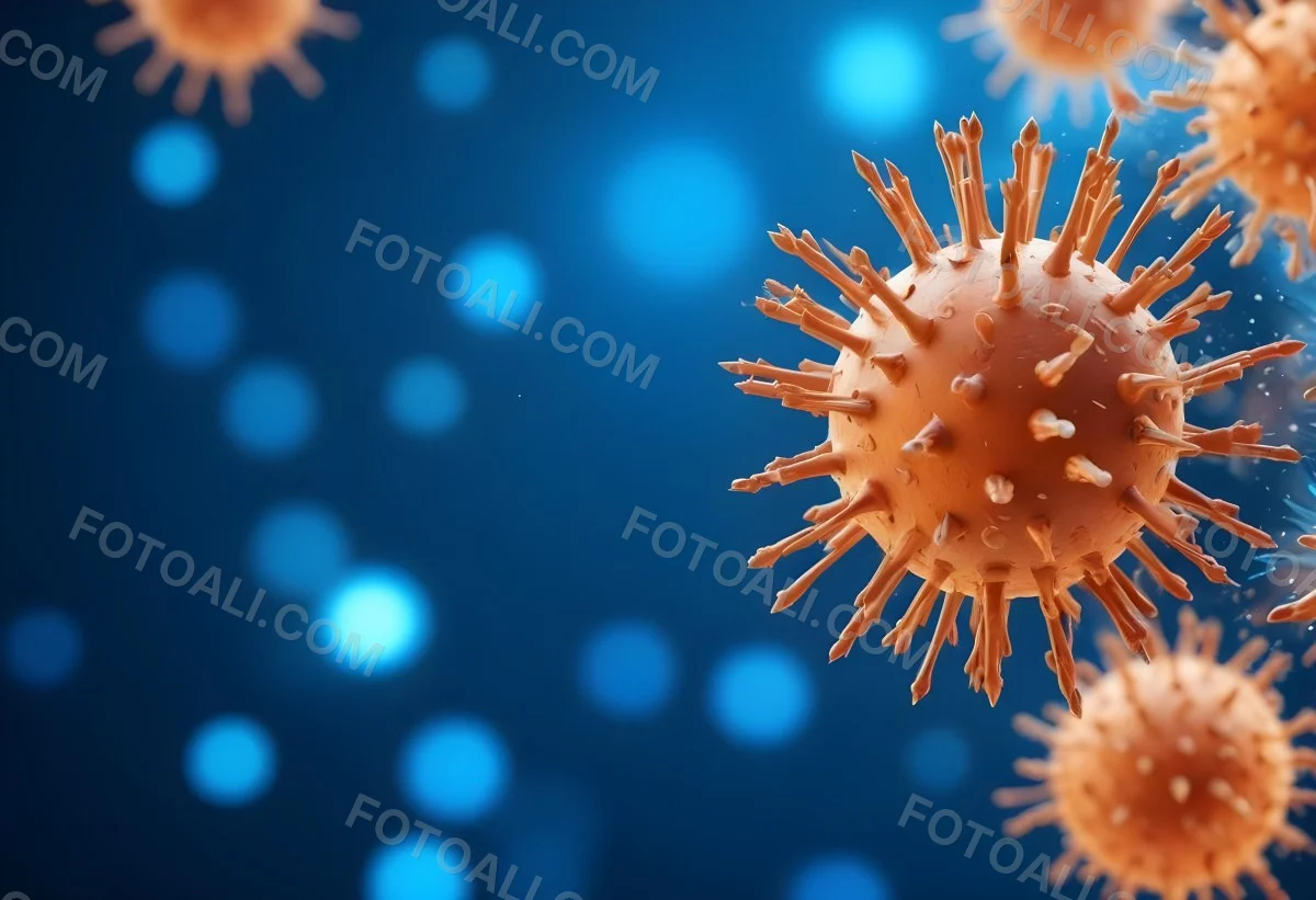 3d Model A Microscopic View Of A Coronavirus Particle Featuring A Spherical Core With Protruding Spikes Set Against A Blurred Blue Background With Bokeh Effects Figure Octane Render Volumetric Highly Detailed Vid 8 3bd2