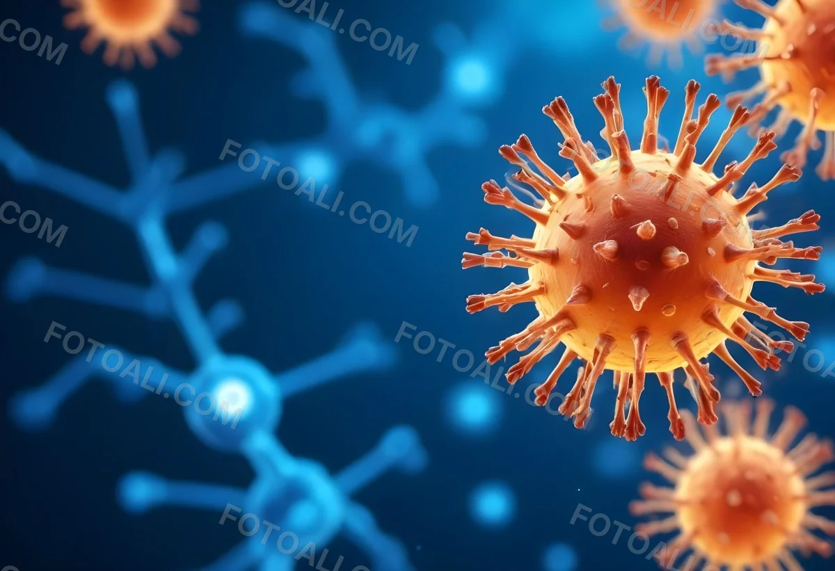 3d Model A Microscopic View Of A Coronavirus Particle Featuring A Spherical Core With Protruding Spikes Set Against A Blurred Blue Background With Bokeh Effects Figure Octane Render Volumetric Highly Detailed Vid 9 0210