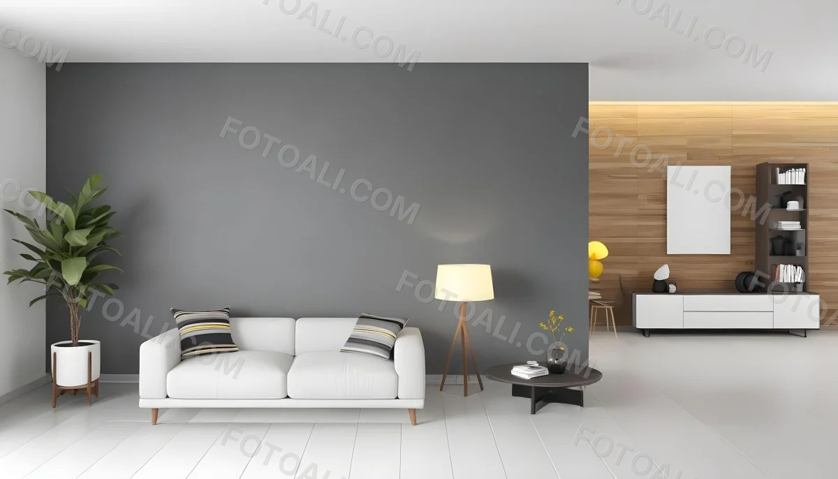 3d Model A Modern Living Room Featuring A Gray Sofa With Striped Cushions A Round Wooden Coffee Table And A Floor Lamp With A Yellow Shade The Background Has A Gray Wall And A Wooden Panel With A Desk And A Yellow Cha 4 1699