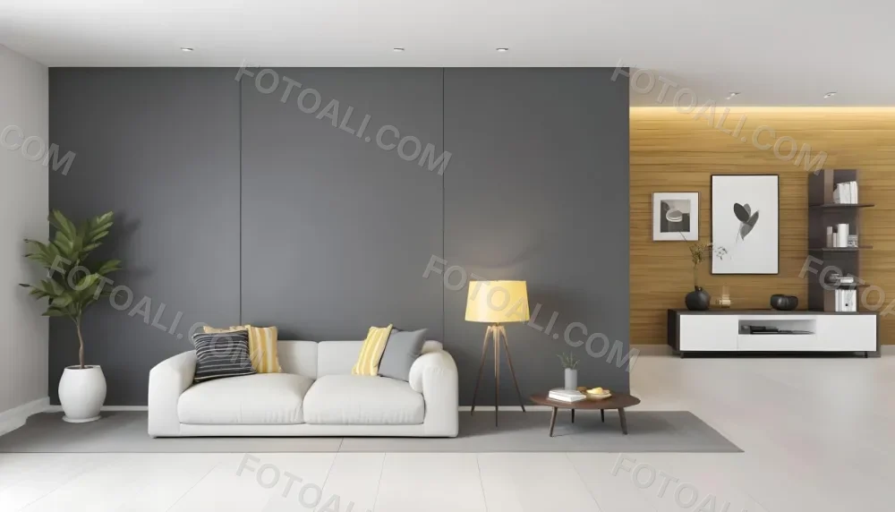 3d Model A Modern Living Room Featuring A Gray Sofa With Striped Cushions A Round Wooden Coffee Table And A Floor Lamp With A Yellow Shade The Background Has A Gray Wall And A Wooden Panel With A Desk And A Yellow Cha 9 4ae0