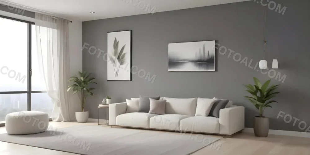 3d Model A Modern Living Room Featuring A White Sofa With Decorative Pillows Positioned Against A Gray Accent Wall To The Left There Is A Light Cabinet With A Plant On Top Large Windows With Sheer Curtains Allow Nat 10 B3a1