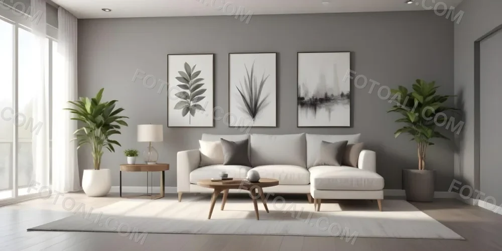 3d Model A Modern Living Room Featuring A White Sofa With Decorative Pillows Positioned Against A Gray Accent Wall To The Left There Is A Light Cabinet With A Plant On Top Large Windows With Sheer Curtains Allow Nat 12 4e31