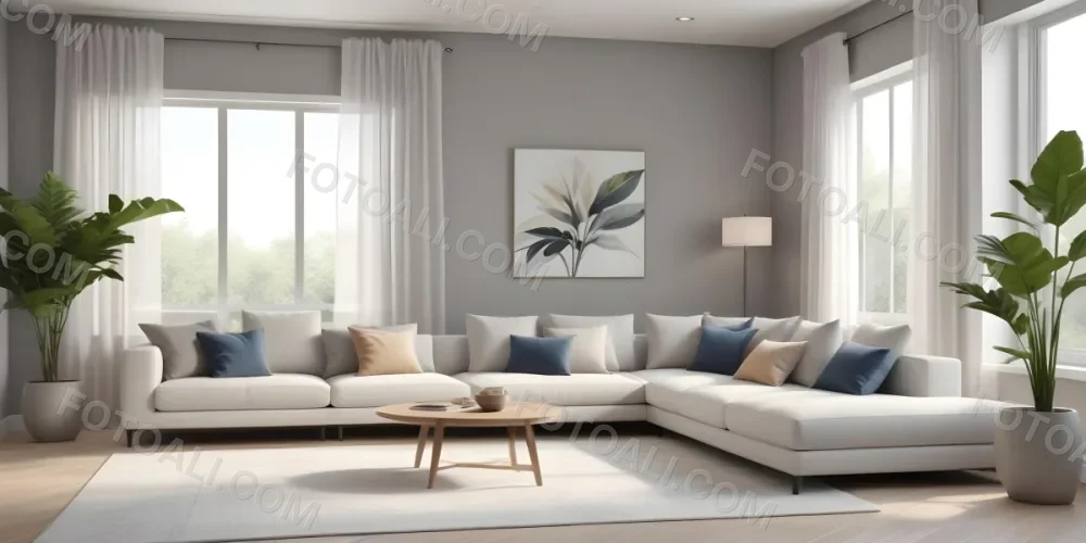 3d Model A Modern Living Room Featuring A White Sofa With Decorative Pillows Positioned Against A Gray Accent Wall To The Left There Is A Light Cabinet With A Plant On Top Large Windows With Sheer Curtains Allow Nat 20 0651