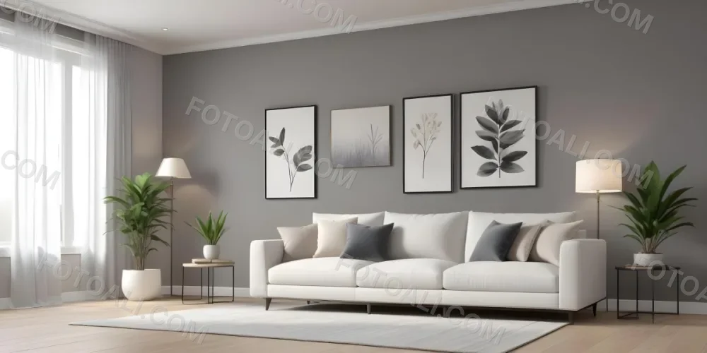 3d Model A Modern Living Room Featuring A White Sofa With Decorative Pillows Positioned Against A Gray Accent Wall To The Left There Is A Light Cabinet With A Plant On Top Large Windows With Sheer Curtains Allow Nat 21 6307