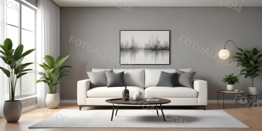 3d Model A Modern Living Room Featuring A White Sofa With Decorative Pillows Positioned Against A Gray Accent Wall To The Left There Is A Light Cabinet With A Plant On Top Large Windows With Sheer Curtains Allow Nat 24 8562