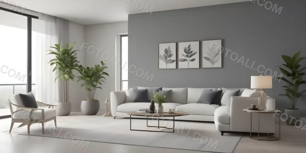 3d Model A Modern Living Room Featuring A White Sofa With Decorative Pillows Positioned Against A Gray Accent Wall To The Left There Is A Light Cabinet With A Plant On Top Large Windows With Sheer Curtains Allow Nat 25 C443