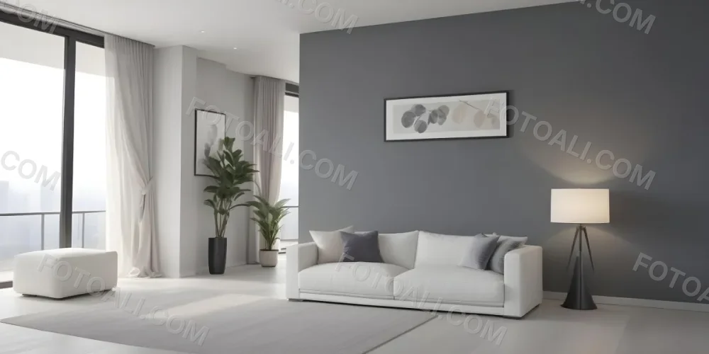 3d Model A Modern Living Room Featuring A White Sofa With Decorative Pillows Positioned Against A Gray Accent Wall To The Left There Is A Light Cabinet With A Plant On Top Large Windows With Sheer Curtains Allow Nat 28 F06e