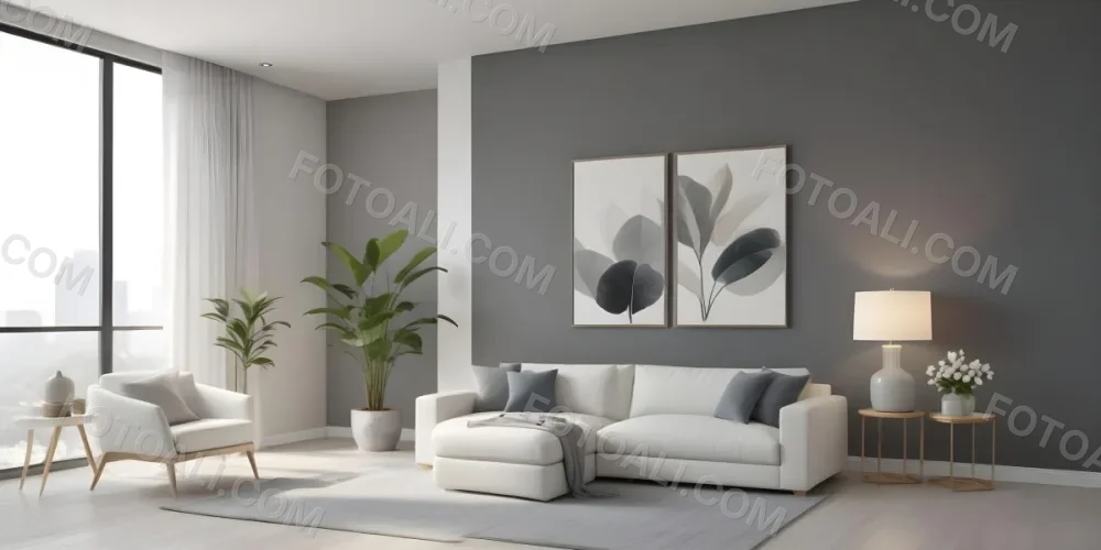 3d Model A Modern Living Room Featuring A White Sofa With Decorative Pillows Positioned Against A Gray Accent Wall To The Left There Is A Light Cabinet With A Plant On Top Large Windows With Sheer Curtains Allow Nat 29 534c