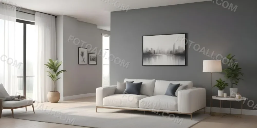 3d Model A Modern Living Room Featuring A White Sofa With Decorative Pillows Positioned Against A Gray Accent Wall To The Left There Is A Light Cabinet With A Plant On Top Large Windows With Sheer Curtains Allow Nat 3 A503
