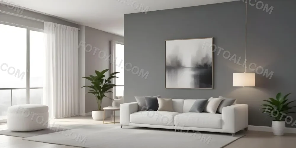 3d Model A Modern Living Room Featuring A White Sofa With Decorative Pillows Positioned Against A Gray Accent Wall To The Left There Is A Light Cabinet With A Plant On Top Large Windows With Sheer Curtains Allow Nat 31 6e65