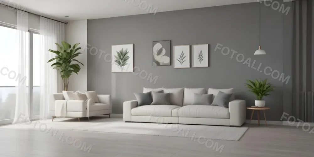 3d Model A Modern Living Room Featuring A White Sofa With Decorative Pillows Positioned Against A Gray Accent Wall To The Left There Is A Light Cabinet With A Plant On Top Large Windows With Sheer Curtains Allow Nat 33 Ed59