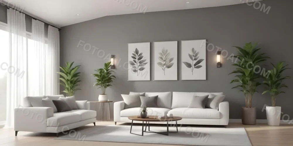 3d Model A Modern Living Room Featuring A White Sofa With Decorative Pillows Positioned Against A Gray Accent Wall To The Left There Is A Light Cabinet With A Plant On Top Large Windows With Sheer Curtains Allow Nat 4 C4dd