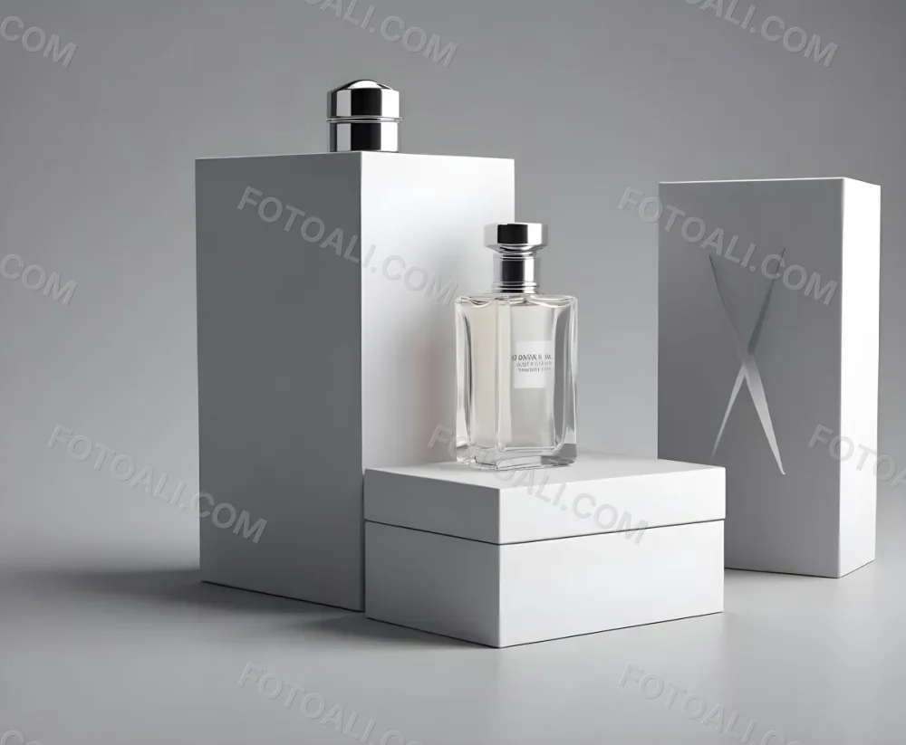 3d Model A Perfume Bottle With A Silver Cap Next To A White Box Product Photography Isolated On A Gray Background Figure Octane Render Volumetric Highly Detailed Videogame Aesthetic 1 8d81