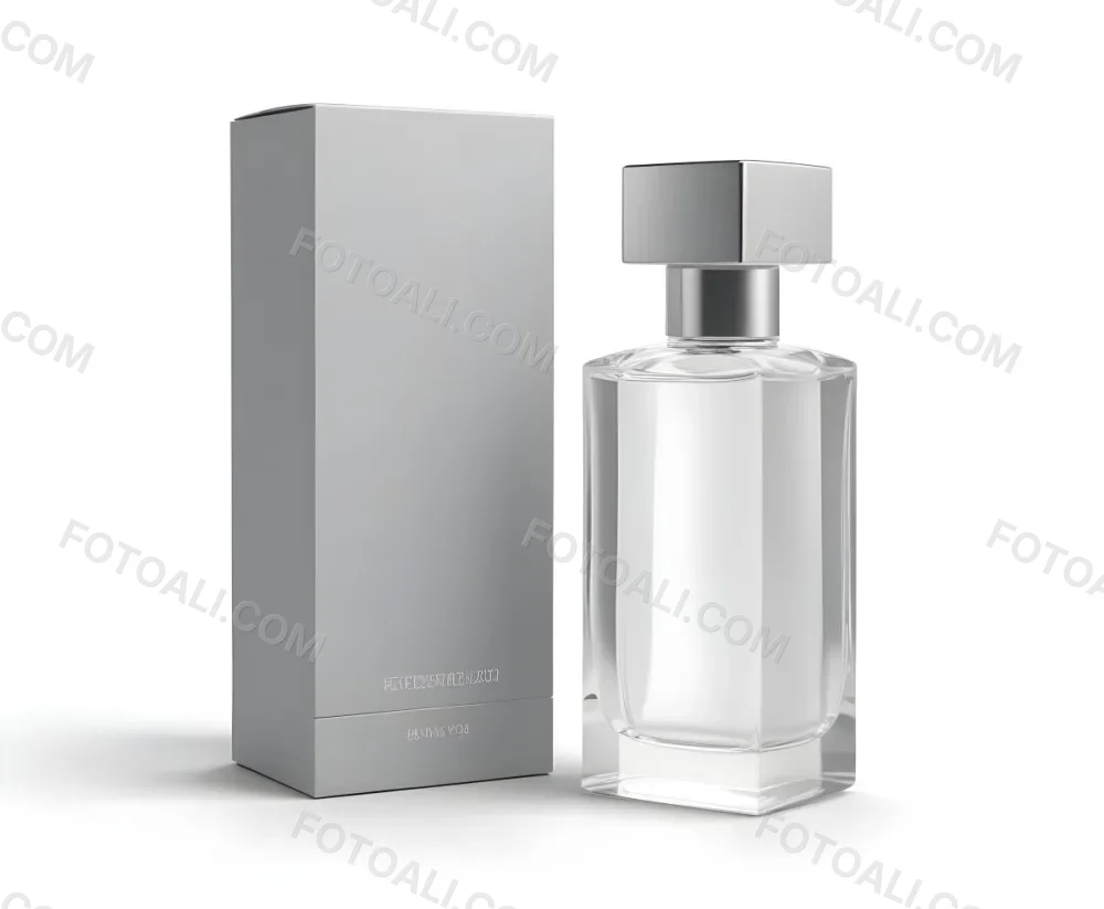 3d Model A Perfume Bottle With A Silver Cap Next To A White Box Product Photography Isolated On A Gray Background Figure Octane Render Volumetric Highly Detailed Videogame Aesthetic 10 De69