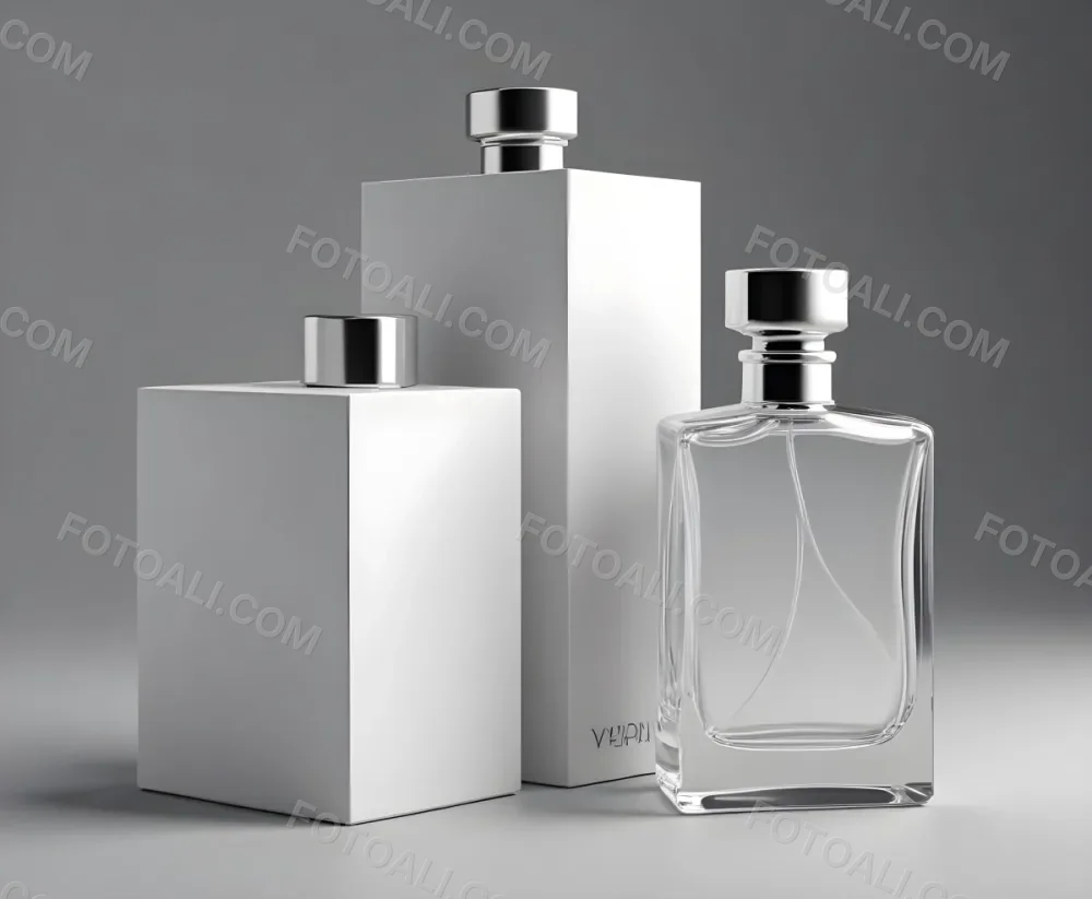 3d Model A Perfume Bottle With A Silver Cap Next To A White Box Product Photography Isolated On A Gray Background Figure Octane Render Volumetric Highly Detailed Videogame Aesthetic 2 2f9d