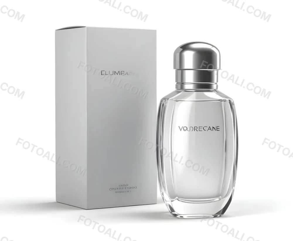 3d Model A Perfume Bottle With A Silver Cap Next To A White Box Product Photography Isolated On A Gray Background Figure Octane Render Volumetric Highly Detailed Videogame Aesthetic 23 6695