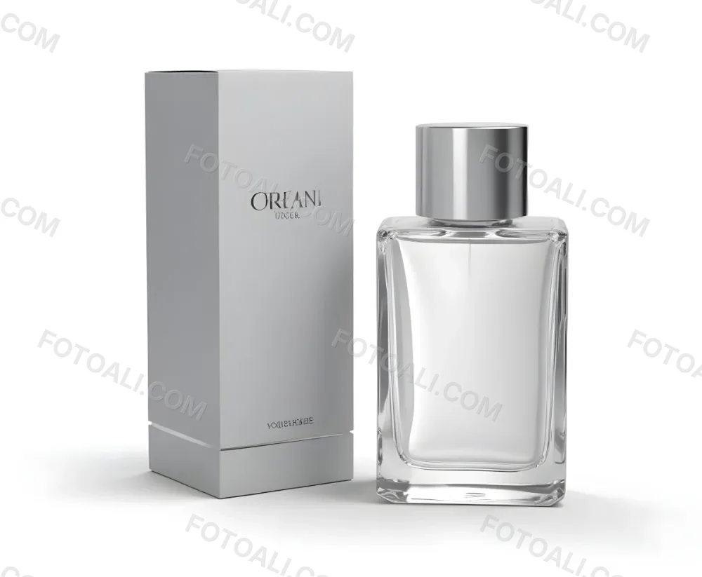 3d Model A Perfume Bottle With A Silver Cap Next To A White Box Product Photography Isolated On A Gray Background Figure Octane Render Volumetric Highly Detailed Videogame Aesthetic 25 B213
