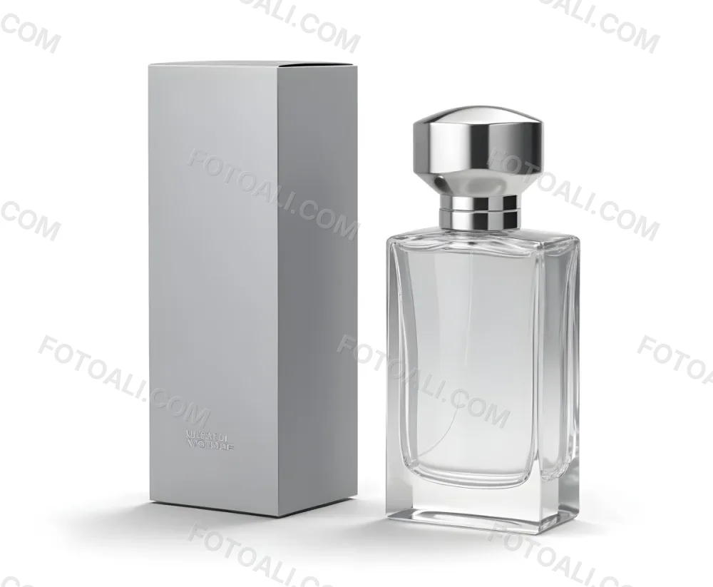 3d Model A Perfume Bottle With A Silver Cap Next To A White Box Product Photography Isolated On A Gray Background Figure Octane Render Volumetric Highly Detailed Videogame Aesthetic 28 7d4a
