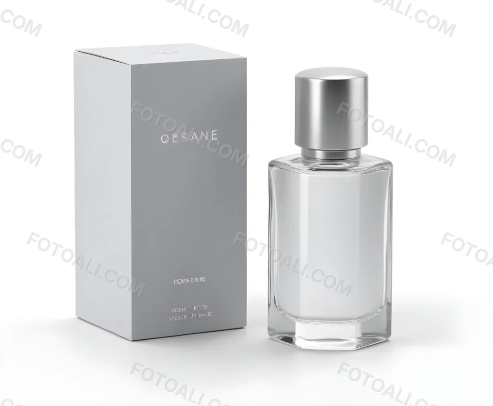 3d Model A Perfume Bottle With A Silver Cap Next To A White Box Product Photography Isolated On A Gray Background Figure Octane Render Volumetric Highly Detailed Videogame Aesthetic 3 F035