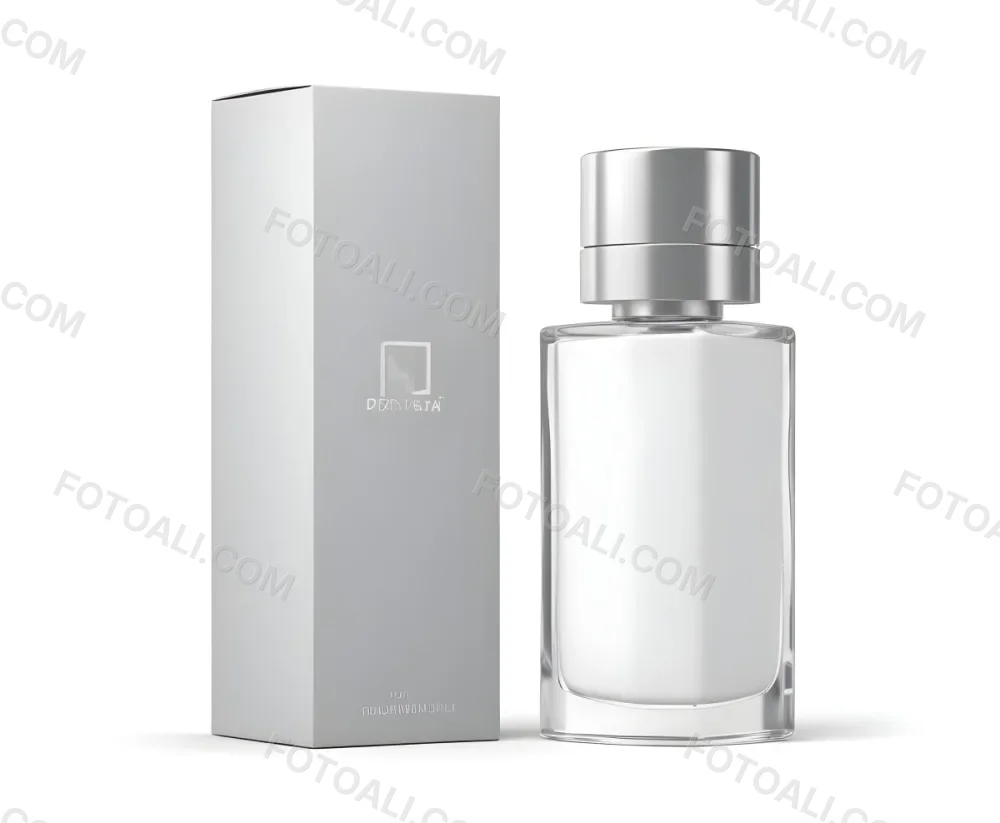 3d Model A Perfume Bottle With A Silver Cap Next To A White Box Product Photography Isolated On A Gray Background Figure Octane Render Volumetric Highly Detailed Videogame Aesthetic 30 401f