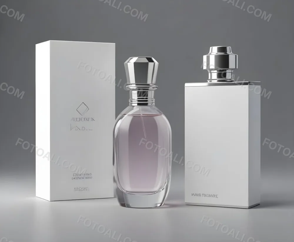 3d Model A Perfume Bottle With A Silver Cap Next To A White Box Product Photography Isolated On A Gray Background Figure Octane Render Volumetric Highly Detailed Videogame Aesthetic 32 4e0e