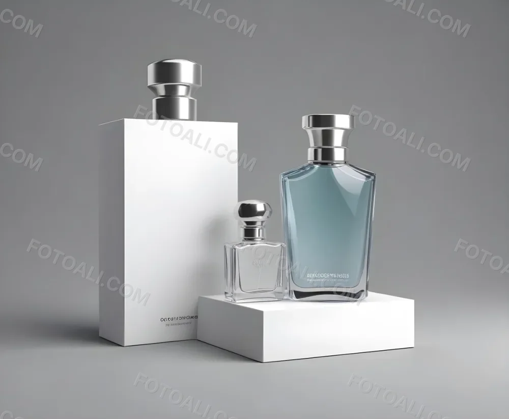 3d Model A Perfume Bottle With A Silver Cap Next To A White Box Product Photography Isolated On A Gray Background Figure Octane Render Volumetric Highly Detailed Videogame Aesthetic 5 7b20