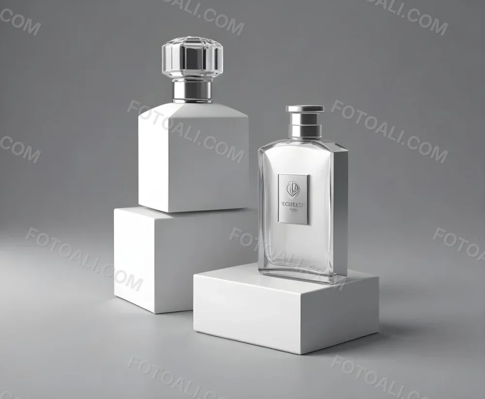 3d Model A Perfume Bottle With A Silver Cap Next To A White Box Product Photography Isolated On A Gray Background Figure Octane Render Volumetric Highly Detailed Videogame Aesthetic 6 1df8