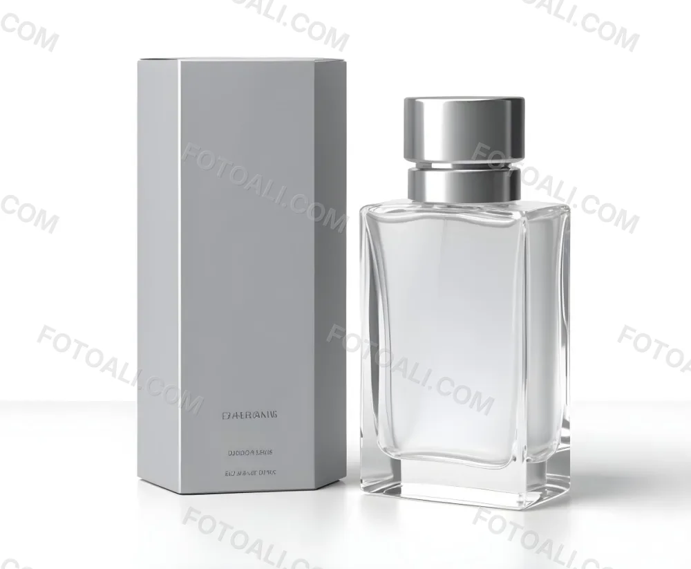 3d Model A Perfume Bottle With A Silver Cap Next To A White Box Product Photography Isolated On A Gray Background Figure Octane Render Volumetric Highly Detailed Videogame Aesthetic 7 Fd66