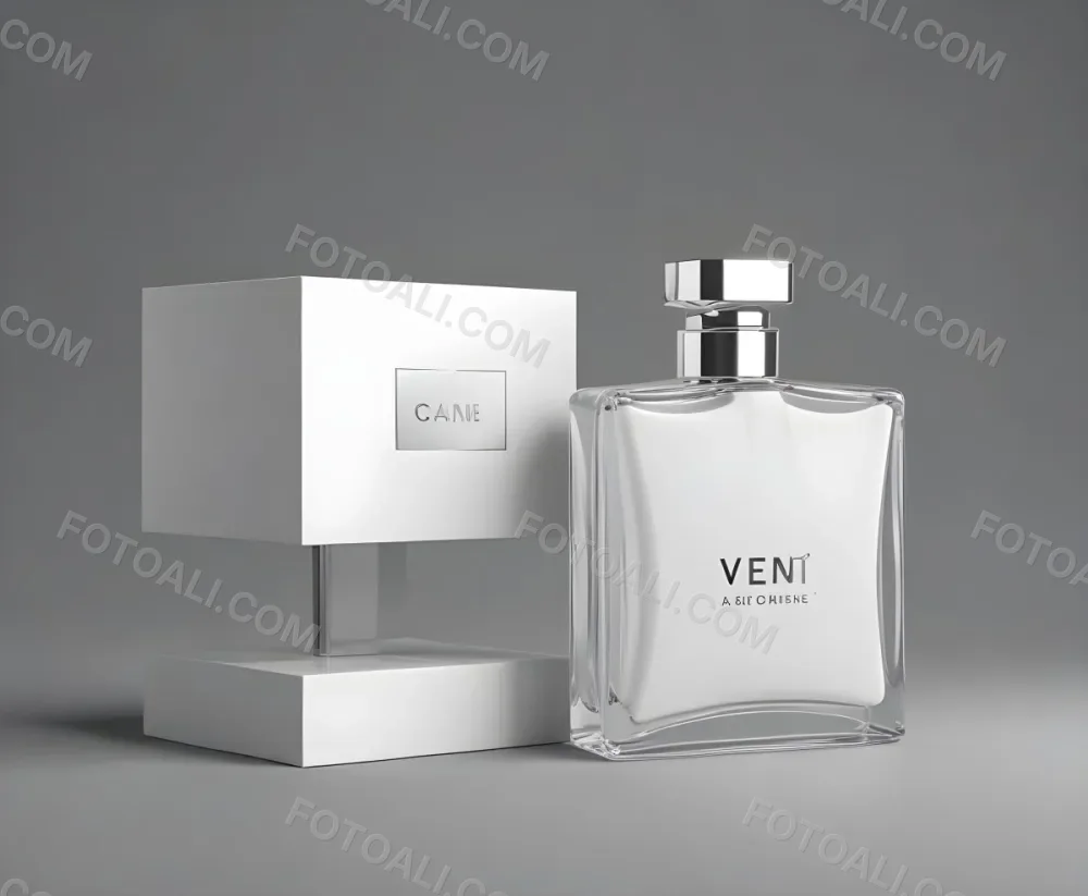 3d Model A Perfume Bottle With A Silver Cap Next To A White Box Product Photography Isolated On A Gray Background Figure Octane Render Volumetric Highly Detailed Videogame Aesthetic 8 793b